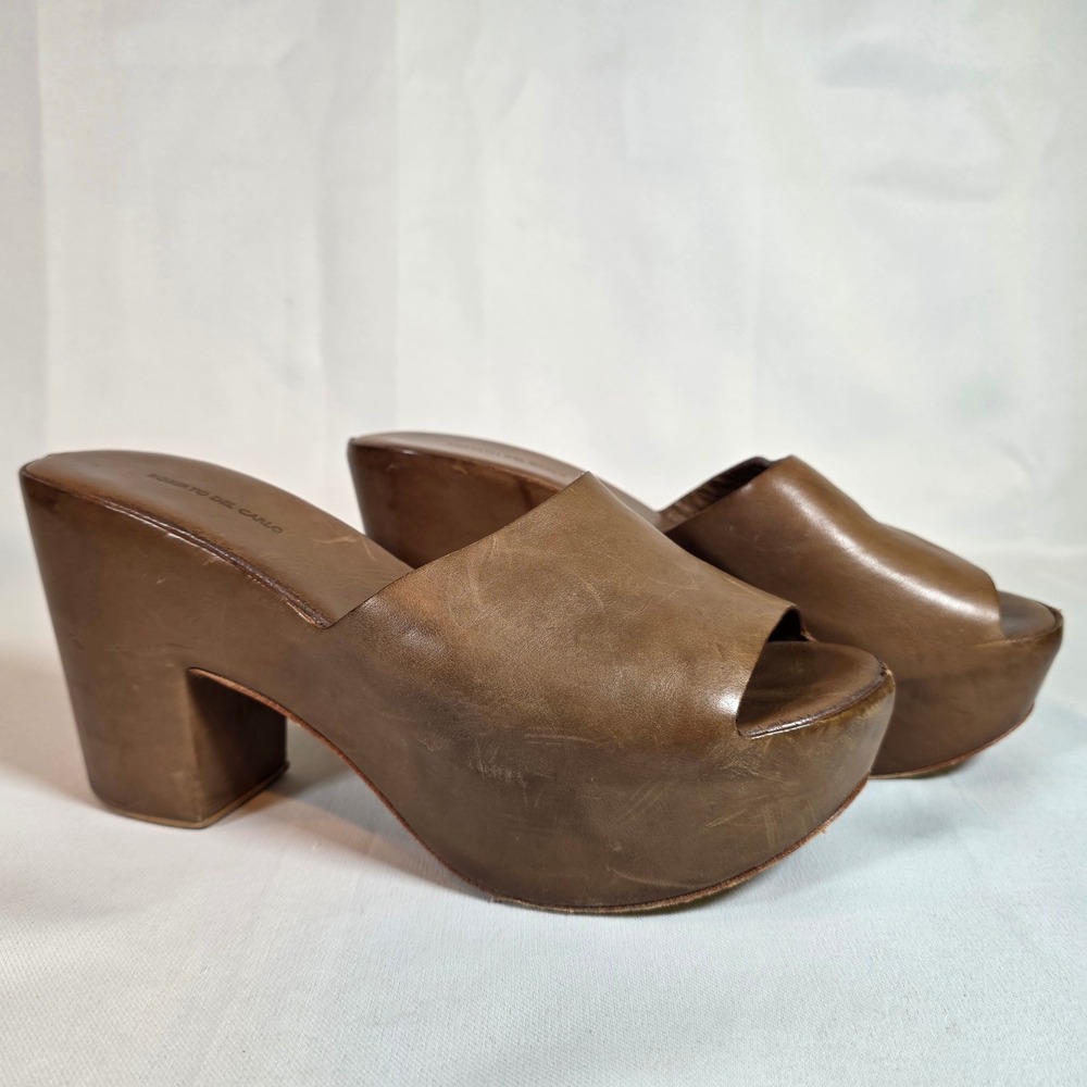 Roberto Del Carlo Brown Leather Platform Mules Womens Chunky Block Heel Sandals
